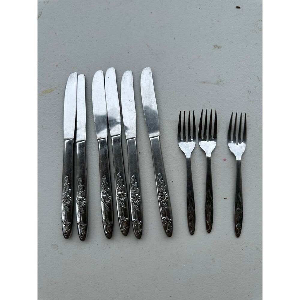 Vtg Nasco Japan Lady Charming Stainless Steel 6 Knives 3 Salad Forks Flatware